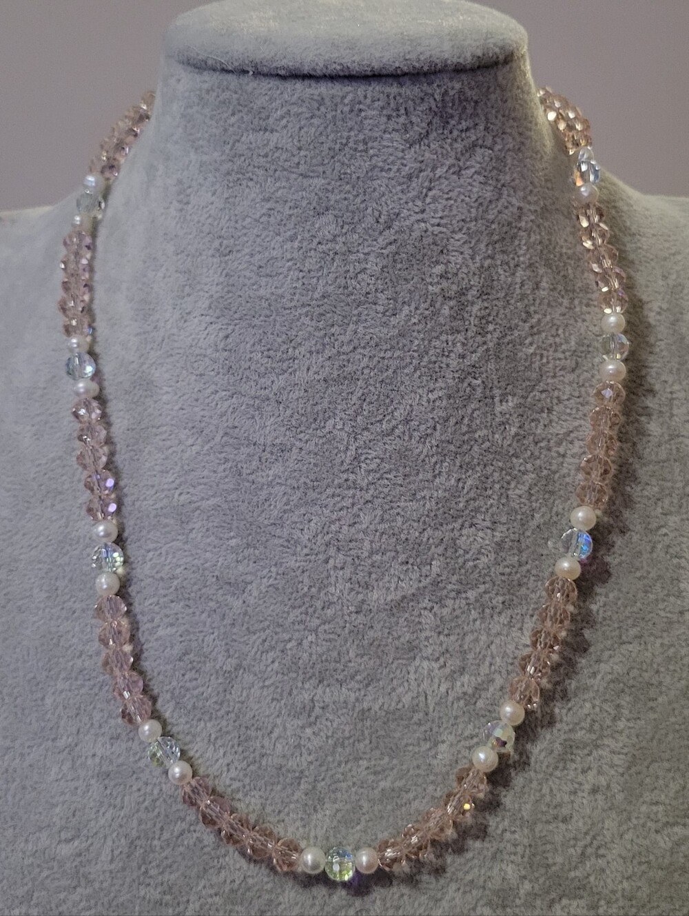 Vintage Blush Pink Crystal & Pearl Strand Necklace | Rose Gold Magnetic Clasp